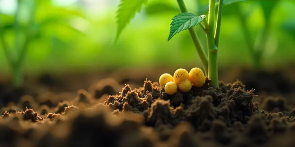 Verdächtige Insekteneier an Cannabiswurzeln in der Erde abgelegt.