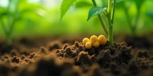 Verdächtige Insekteneier an Cannabiswurzeln in der Erde abgelegt.