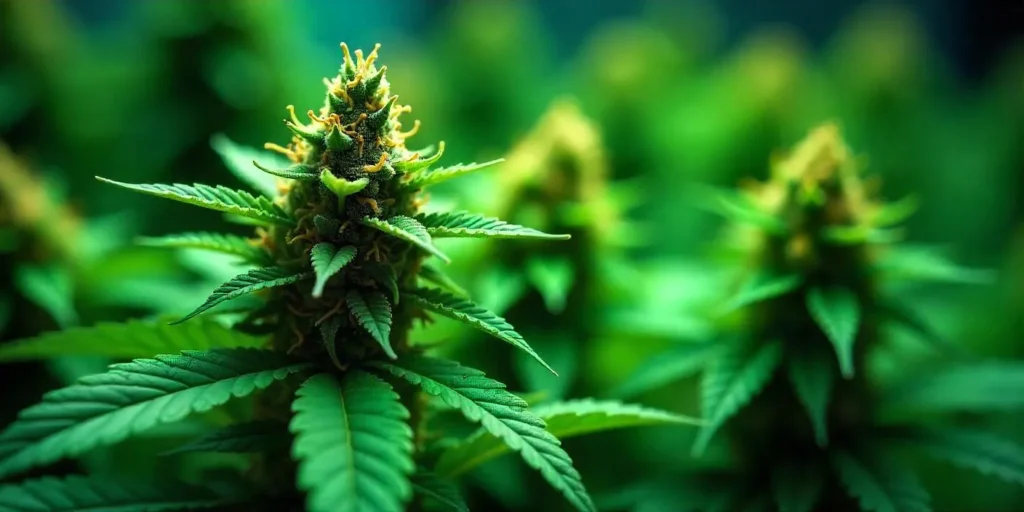 Nahaufnahme einer blühenden Cannabispflanze ohne gelbe Flecken.