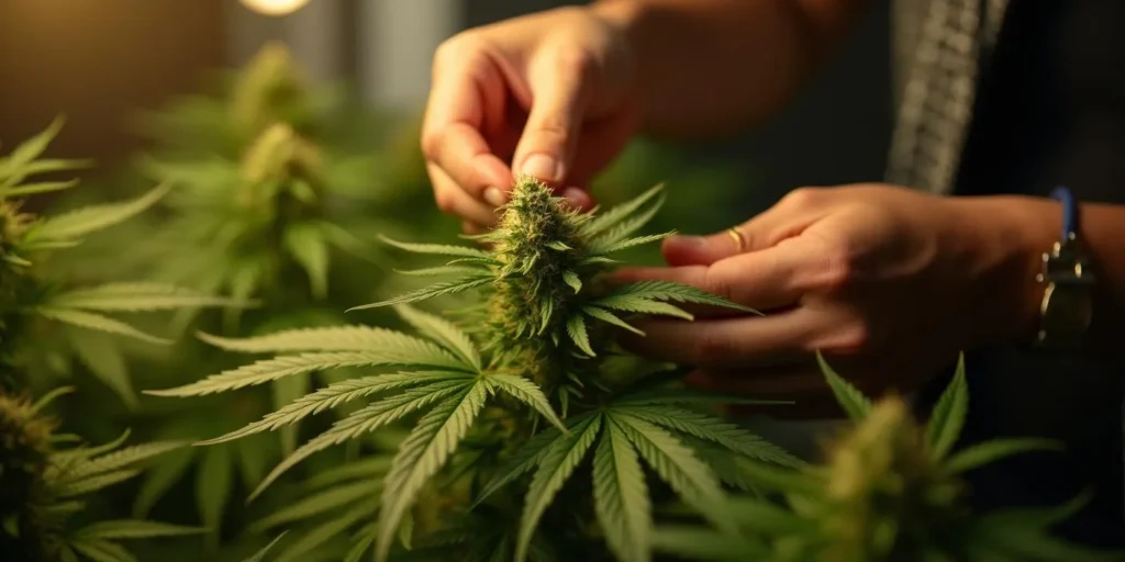 Gärtner kontrolliert Cannabisblüte in Innenumgebung bei Nacht.