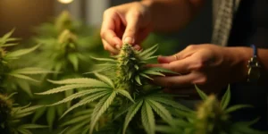 Gärtner kontrolliert Cannabisblüte in Innenumgebung bei Nacht.