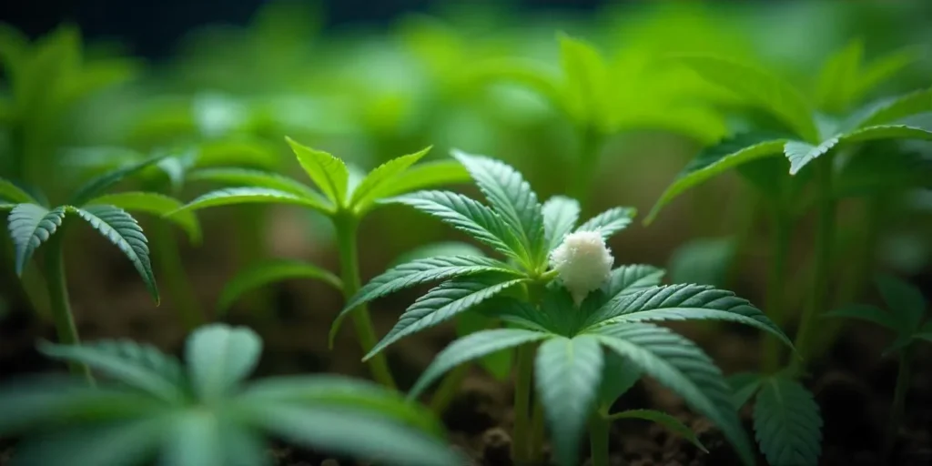 Weißer Schimmel an Cannabiswurzeln im DWC-System mit Befall auf Blättern.