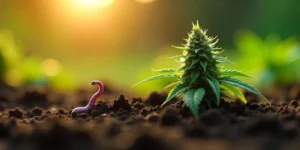 Wurmlarven bei Cannabis-Klonen im frühen Wachstumsstadium im Sonnenlicht.