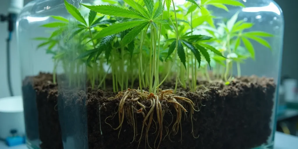 Cannabispflanzen mit kräftigem Wurzelsystem im Substrat:Analyse nach Schnitt.