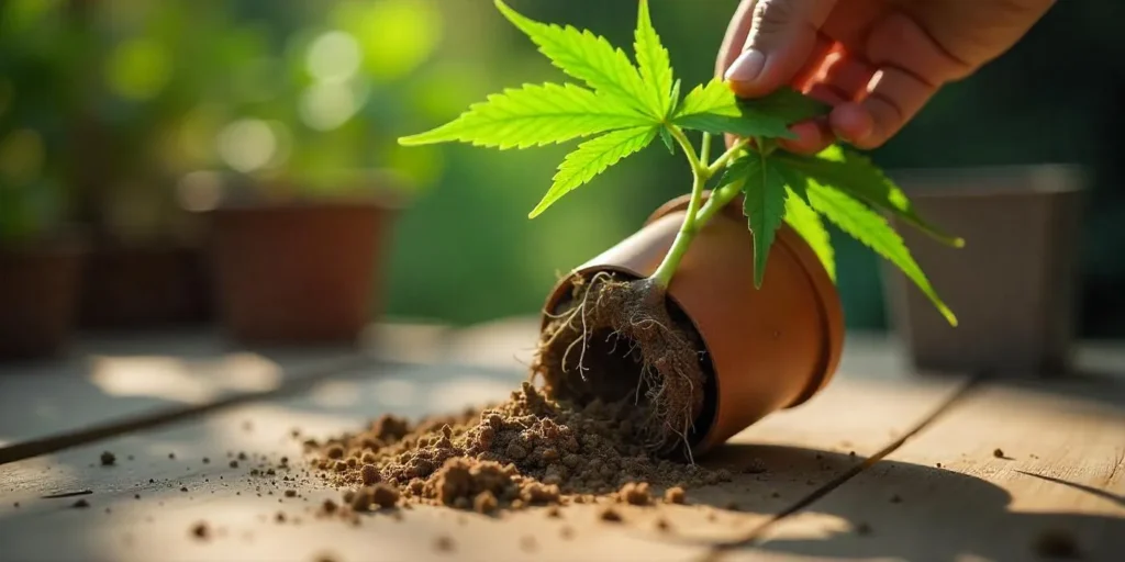 Anzeichen für Wurzelbindung bei Cannabispflanzen durch Topfgröße.