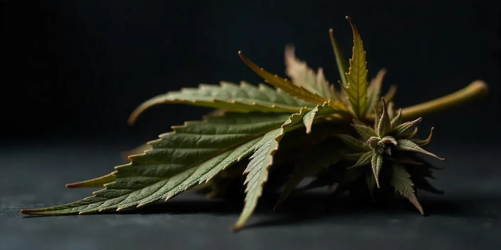 Getrocknetes Cannabisblatt liegt auf einer dunklen Oberfläche.